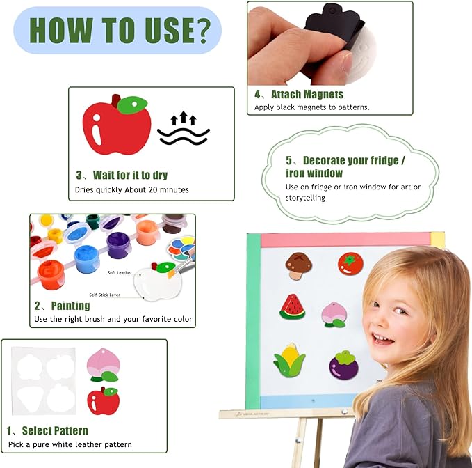 Magnetic Mini Tile Art-DIY Craft Kits for Kids,Fridge magnet painting kit for kids Ages 4-8,Soft Leather Fridge Magnets Craft Paint Set Fruit & Vegetables,Party Favors for Kids 8-12