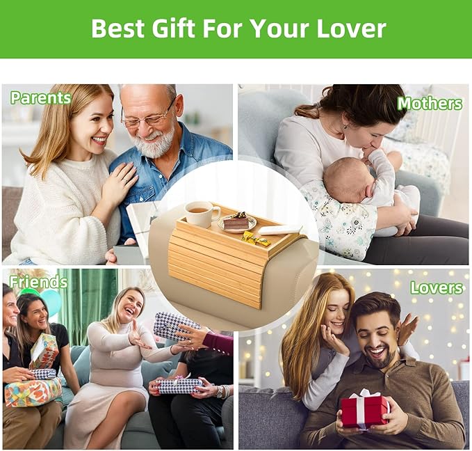GEHE Bamboo Sofa Arm Tray, Foldable Couch Arm Tray Side Table, Anti-Falling Armrest Tables Cup Holder for Snacks, Drinks, Beers, Phone, Control, Flexible and Portable, Anti-Slip