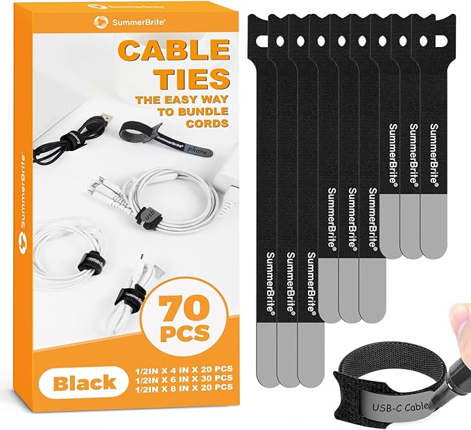 SummerBrite 70 Pack Black Cable Ties Assorted Sizes (4, 6, 8 Inch) with Writable Labels, Reusable Cord Organizer Straps, Hook & Loop Wire Management for PC Desk Setup, Home Office & Electronics