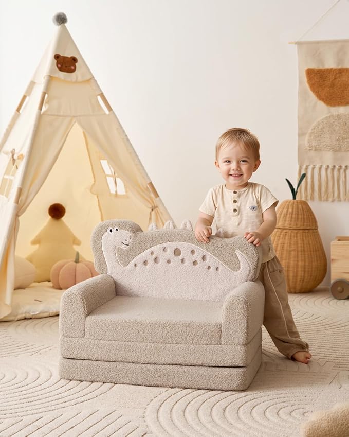 Blissful Diary Kids Couch, 2-in-1 Soft Toddler Couch Fold Out, Toddler Chair Comfy, Convertible Sofa to Lounger with Cute Dinosaur Designs, Pale Khaki
