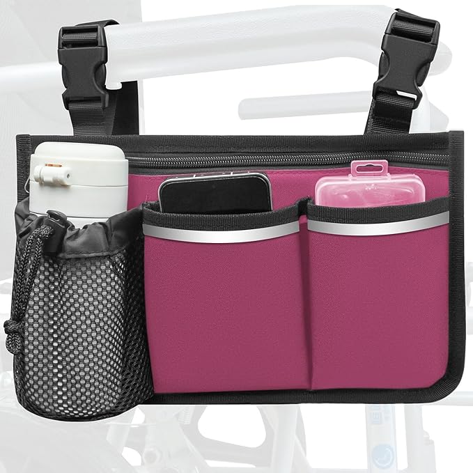 Wheelchair Organizer Pouch with Cup Holder and Reflective Strip, Armrest Accessory for Wheelchairs, Walkers, Rollators (Burgundy)
