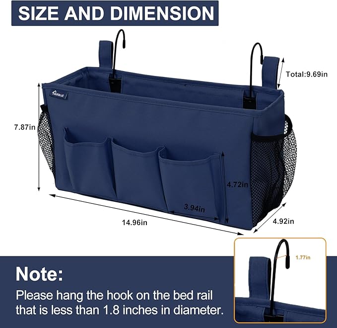Surblue Bedside Organizer with Hook Bedside Caddy Hanging Storage Bag with Adjustable Straps and Water Bottle Holder for Home College Dorm Bunk Bed Accessories, Crib Bed Rails, Hospital Bed,Navy,2PCS