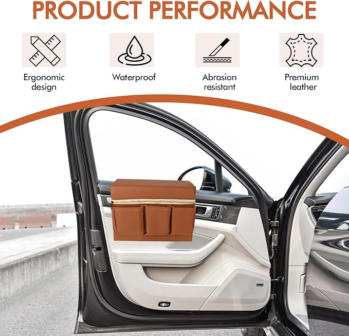 wuyaoyao Car Window Armrest Storage Box, Leather Automotive Door Side Storage Bag & Elbow Rest Pad, Multifunctional Vehicle Door Arm Rest Pad with Pockets, Universal Interior Car Accessories (Brown)