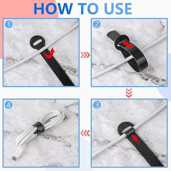 100 x Colourful Reusable Cable Ties, Cable Straps, Adjustable Cable Ties, Strong Hook and Loop Cable Straps with Buckle for TV Cables, PC Cables and Desk Organisation