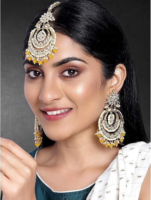 Aheli Bollywood Ethnic Chandbali Style Big Earrings Maang Tikka Set Traditional Fashion Jewelry Gift for Women