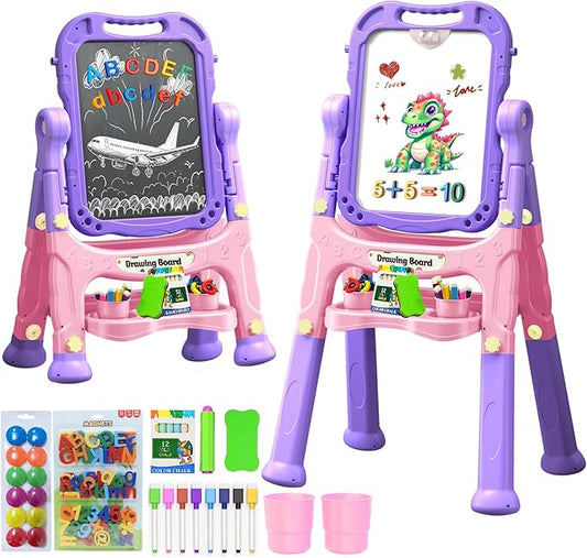 Art Easel for Kids with Magnetic Drawing Board, Double Sided Easel with Magnetic Letters & Numbers Easel, Adjustable Standing Easel for Toddler, Creative Play for Kids