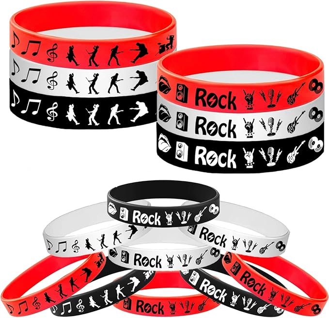 48PCS Rock and Roll Rubber Bracelets Silicones Wristbands -80s 90s Themed Musician Guitar Rap Party Supplies Decorations Birthday Baby Shower Party Favors