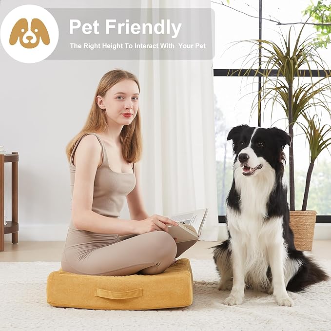 2 Pcs High Density Foam Floor Pillow - Upgraded Large Pillows Seating for Adults - Outdoor Floor Cushion with Soft Tufted Cover - Yoga Pillows for Sitting On Floor - 22 Inch Yellow