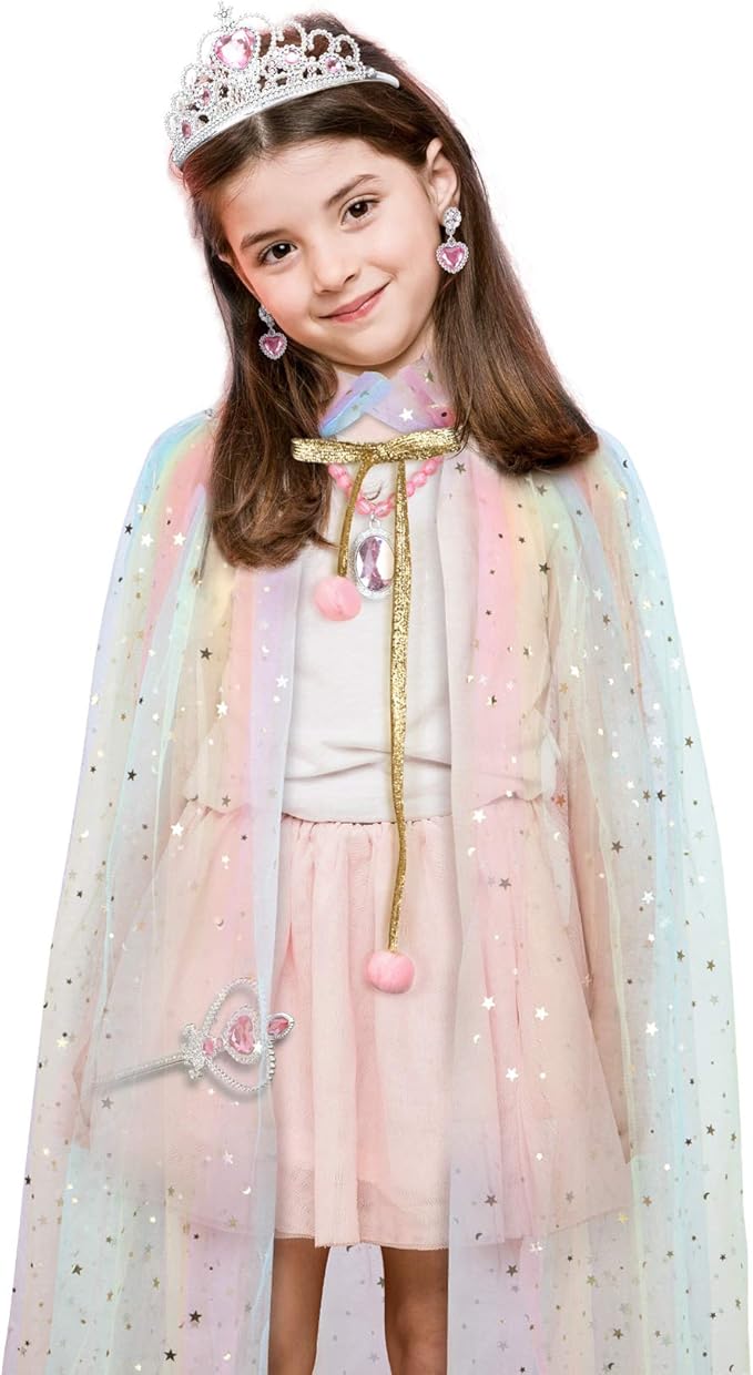 Fedio Princess Cape Set 7 Pieces Girls Princess Cloak with Tiara Crown, Wand for Little Girls Dress up (Rainbow)