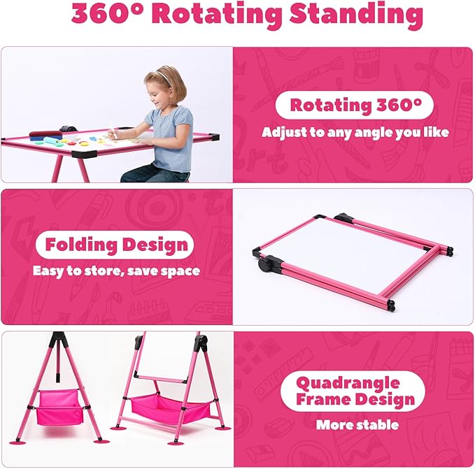Kids Art Easel Double-Sided Easel Designed with Height Adjustable Function & Large Storage Bag Whiteboard & Chalkboard 360°Rotating Kids Drawing Easels for Kids Toddlers (26inch-43inch)