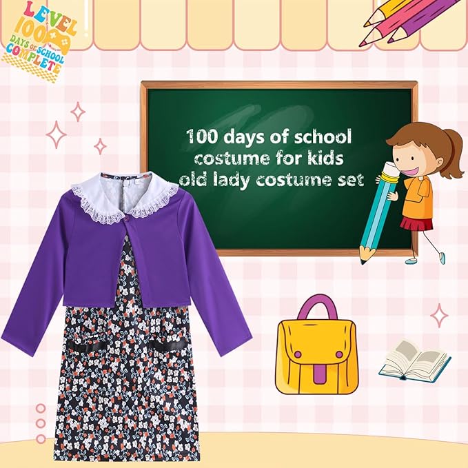Kids Old Lady Costume Girls 100 Day of School Costume Grandma Costume Girls Old Women Granny Halloween Party