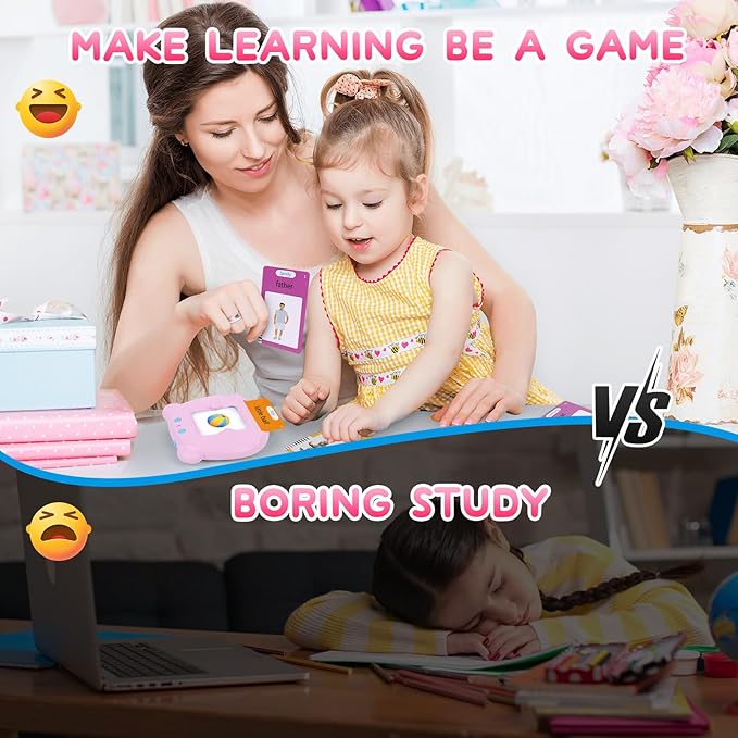Toddler Talking Flash Cards with 255 Cards and 510 Words, Montessori Toys, Speech Therapy, Autism Sensory Toys, Learning Educational Gifts with Music for 3 4 5 6 Year Old Boys and Girls(Pink)