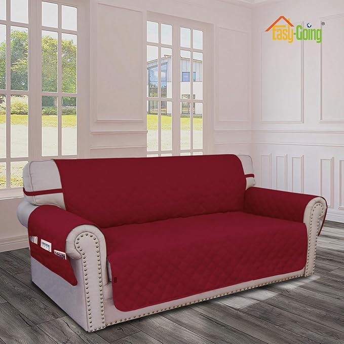 Easy-Going Waterproof Oversized Loveseat Covers Leakproof Couch Cover for 2 Cushion Couch Sofa Cover Washable Sofa Slipcover Non-Slip Furniture Protector with Pocket for Pet(Medium-XL, Christmas Red)