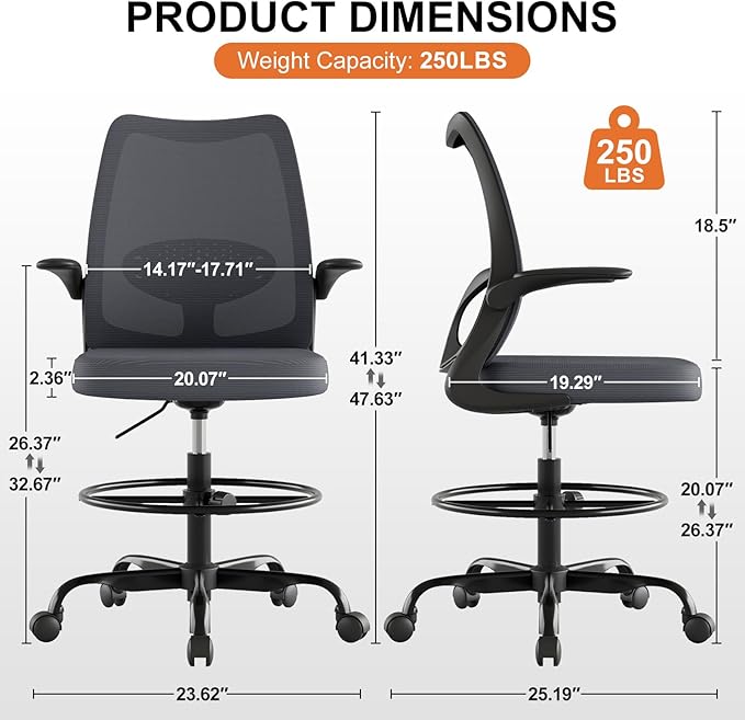 Drafting Chair,Tall Office Chair with Adjustable Footrest Ring,Lumbar Support,Ergonomic High Desk Seat,Flip-Up Armrests,Breathable Mesh Standing Stool for Home Office,Grey