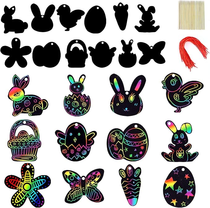 JOYIN 72 Pcs Easter Scratch Paper Set (12 Designs) Rainbow Scratch Art Easter Crafts Kit for Kids with Wooden Stick and Ribbon, Rainbow Color Scratch Ornaments for Home Tree Decor, Party Favors
