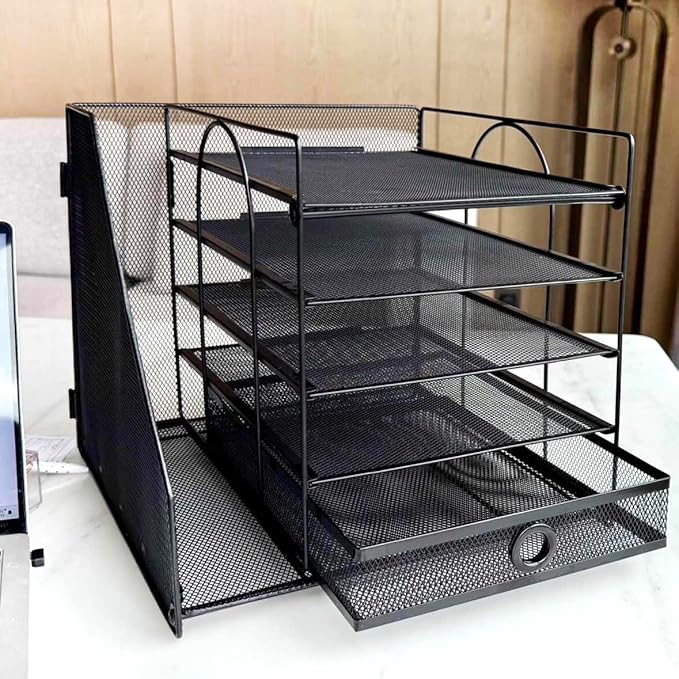 5-Tier Paper Letter Organizer with File Holder, Desk Organizer with Drawer, Mesh Desktop Storage with Magazine Holder for Office Supplies (Black)