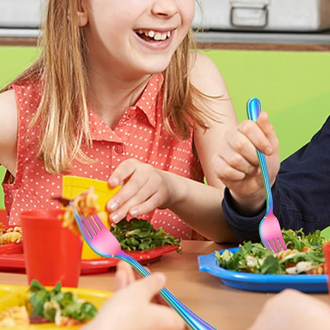 LIANYU 10-Piece Rainbow Children Silverware Set, Kids Forks and Spoons Silverware Set, Stainless Steel Toddler Utensils Flatware, Child Cutlery for Home Preschools, Dishwasher Safe