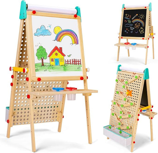 Kids Easel Wooden Marble Run for Kids, 4-in-1 Toddler Art Easel for Kids 3+ Painting Station Stand Drawing, Double-Sided 6 Heights Black Chalkboard Magnetic Whiteboard Paper Roll Holder
