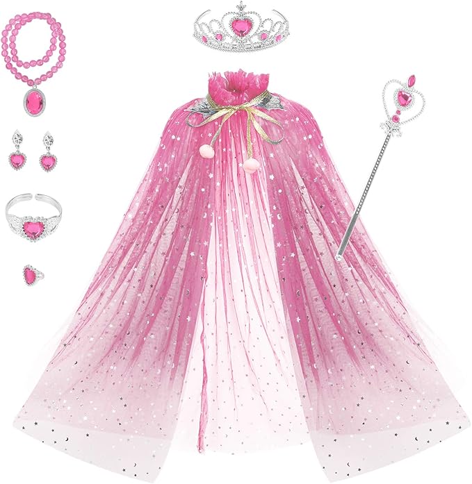 Fedio Princess Cape Set 7 Pieces Girls Princess Cloak with Tiara Crown, Wand for Little Girls Dress up (Pink)