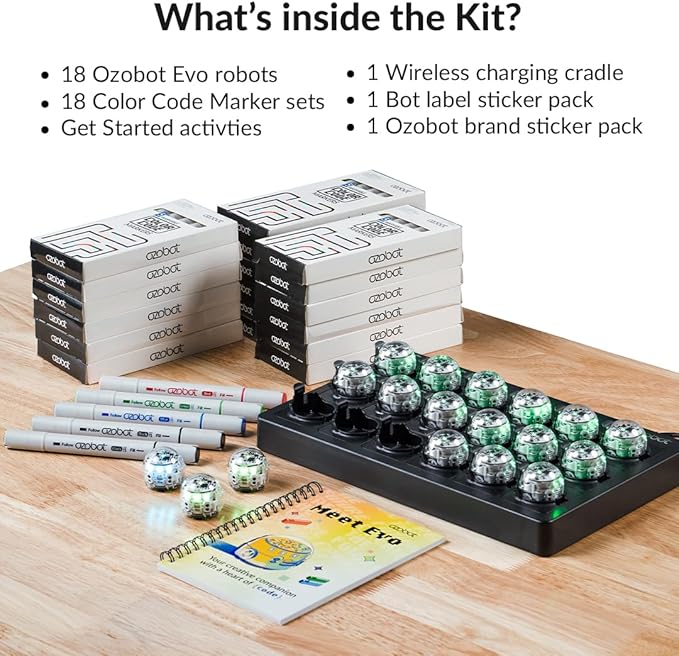 Evo Classroom Kit (18 Bots): Interactive Coding Robot, Kids Ages 5+, Includes 12 Evo Robots, Color Code Markers, Charging Cradle, Bot Stickers, Access to 700+ STEAM Lessons, Educators & Parents