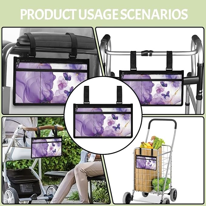 ZOUTAIRONG Purple Marble Print Butterfly Cross Wheelchair Side Bag Power Wheelchair Bag Walker Organizer Pouch Tote for Rollator and Folding