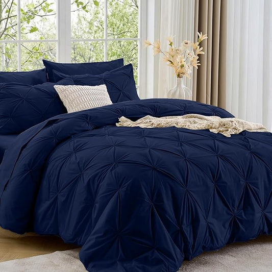 Sasttie Queen Comforter Set, 7-Piece Bed in a Bag, Pintuck Bedding Sets for All Season, Includes Comforter, Flat Sheet, Fitted Sheet, Pillowcases and Pillowshams, Navy