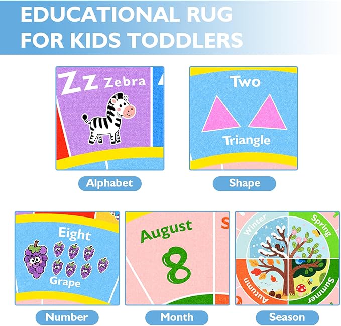 ABC Round Kids Rug for Playroom, 6ft Alphabet Small Classroom Rug, Educational Kids Play Mat With Number Shape Animal Season, Learning Area Rug for Nursery Bedroom Kidsroom, Colorful Non-Slip Washable