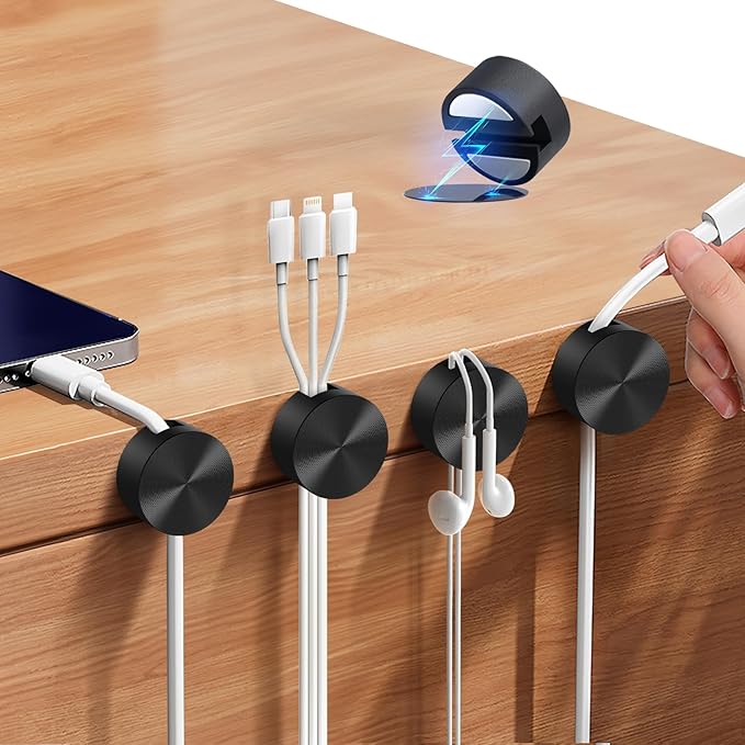 Magnetic Cord Holder Metal Black, Maveek Silicone Cable Clips Magnet Wire Management Cord Organizer for Bedside Table Office Desk Laptop Computer Charging Cables Outdoor Indoor (5 Piece)