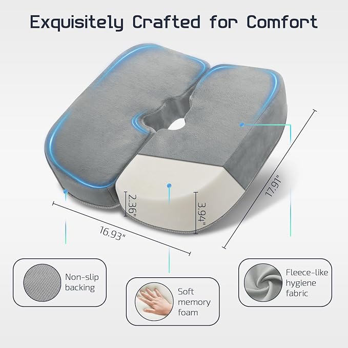 Memory Foam Bed Sore Cushions for Butt & Tailbone, Pressure Relief Cushion for Long Sitting, Donut Pillow for Tailbone, Perfect for Office, Bed, Car, Wheelchair Use (Light Gray)