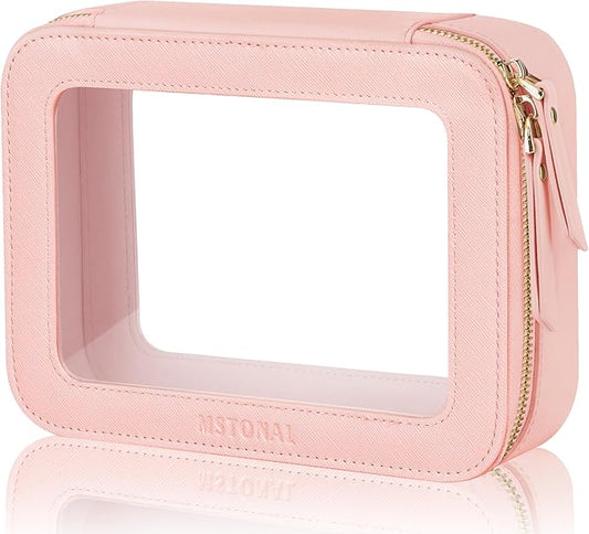 MSTONAL Clear Makeup Bag, Travel Toiletry Bag Cosmetic Case for Women, Waterproof Portable Make Up Skincare Pouch with Zipper, Compact Car Organizer Bag for Essentials, Medium Size, Pink