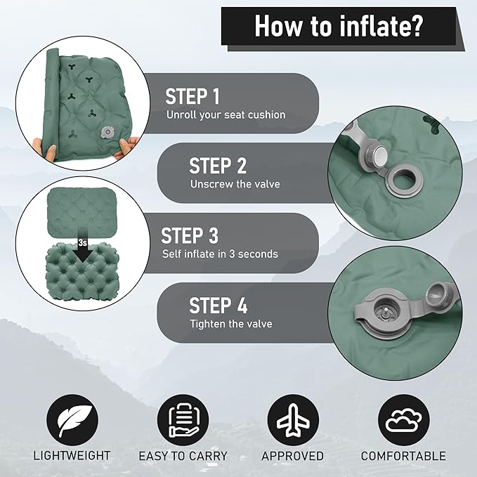 BreezCamp Inflatable Seat Cushion, Lightweight Stadium Seat Pad, Camping Accessories Chair Pad for Airplane Travel, Hiking, Climbing, Home and Office,Olive Green