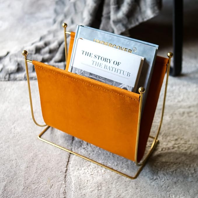 lesermoorer Plated Metal Wire and Suede Leather Magazine Holder Rack, Standing Rack for Magazines, Books, Newspapers, Home Staging Decoration