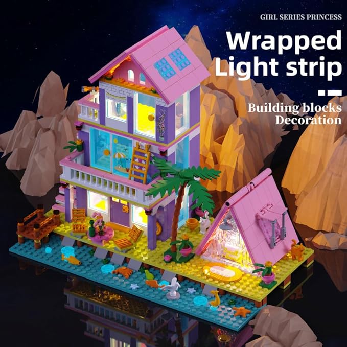 Girl Beach House Building Blocks Toys for Girls Age 8+, Seaside Villa Friends Building Set with Light, 791pcs Mini Bricks