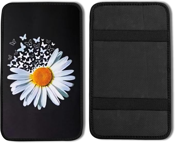 Daisy Butterfly Vehicle Center Console Armrest Cover Pad,Daisy Car Accessories Soft Middle Console Cushion Pad,Auto Arm Rest Mat Decor Daisys Gifts for Women Men Dad for Most Vehicle SUV Truck