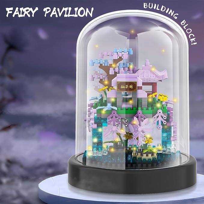 Cherry Blossom Tree House Building Block Sets with Acrylic Display Box Chinese Architecture of Peach Blossom Bonsai Treehouse Micro Mini Building Set Toy Gift for Kids Adults（2 Boxes）
