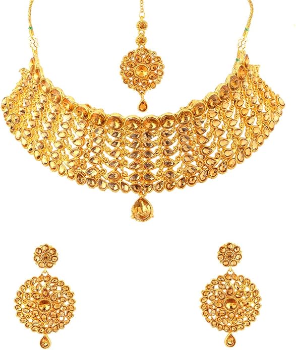 Aheli Elegant Indian Wedding Wear Faux Kundan Studded Choker Necklace with Maang Tikka Set Ethnic Fashion Jewelry for Women (Gold)