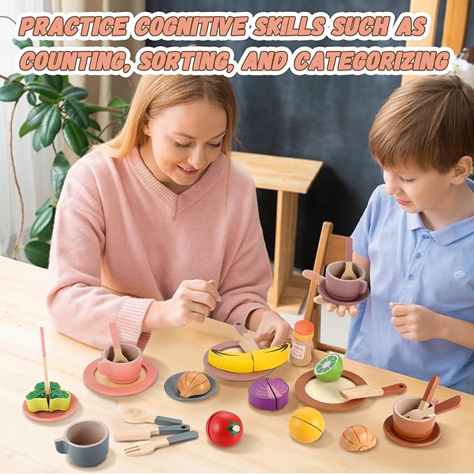 GAGAKU Wooden Dishes Kids Wooden Dishes for Play Kitchen Kids Play Dish Set Wood Plates Set for Toddler Montessori Wooden Kitchen Toys Accessories