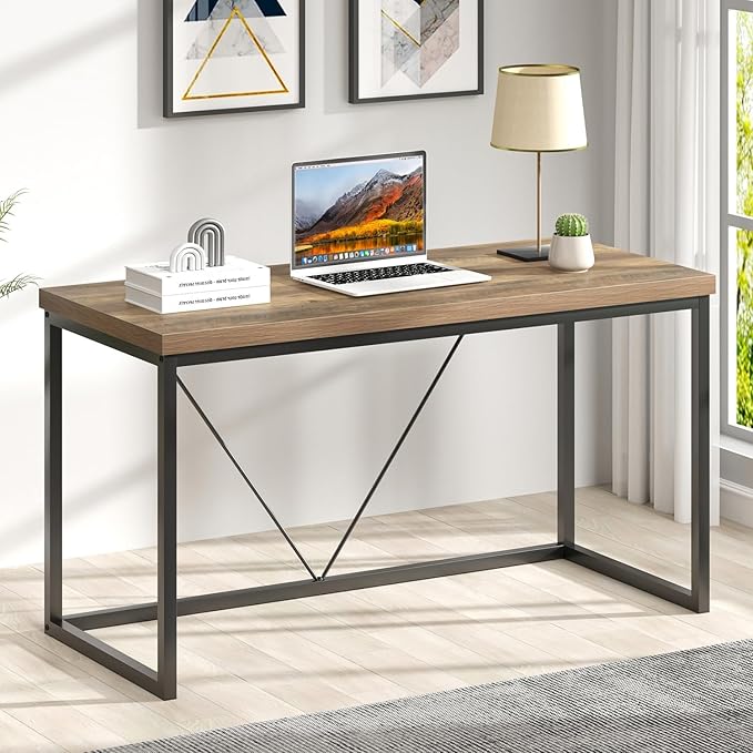 FOLUBAN Modern Home Office Desk, Rustic Wood and Metal Computer Desks, Industrial Study Writing Gaming Table Workstation, Vintage Laptop PC Desk, Oak 53 Inch