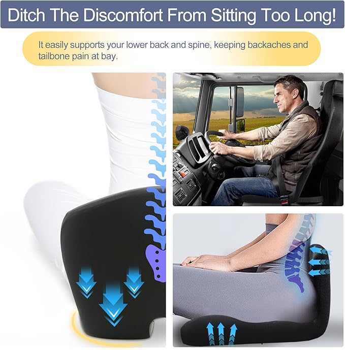 Ergonomic Seat Cushion with Adjustable Strap, Memory Foam Office Chair Seat Cushion with L-Shaped Design, Car Seat Cushion Fits for Truck Driver Semi Truck, Gaming Chair, Desk, Dark Gray
