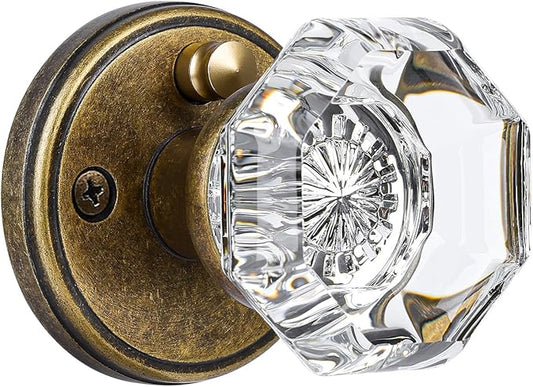 CLCTK Glass Door Knobs Interior with Lock, Vintage Crystal Privacy Antique Brass Octagon Door Knobs for Bedroom Bathroom, 1 Pack