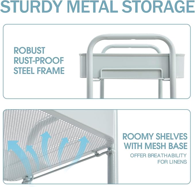 TOOLF 3-Tier Metal Rolling Cart with Wheels, Storage Utility Organizer Cart for Kitchen, Bathroom, Office, Baby Essentials & Makeup - Lockable Casters, Easy Assembly, Large Capacity, Green