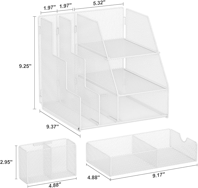 Marbrasse Desk Organizer and Accessories, 3-Tier File Organizer with Drawer and Pen Holder, Small Desktop Organizer and Storage for Workspace Office Supplies White