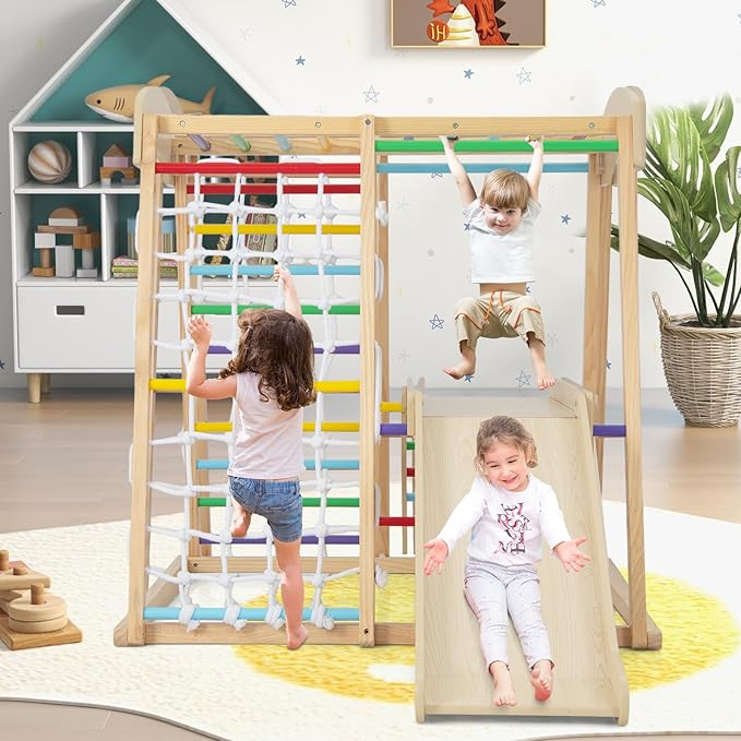 Costzon Indoor Jungle Gym, 6-in-1 Montessori Climbing Toys for Toddlers with Slide, Climbing Net, Monkey Bars, Wooden Playground Climber Playset for Kids Gifts Presents