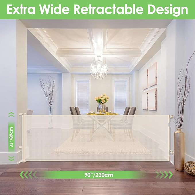 90 Inch Retractable Baby Gates Extra Wide Dog Gates for The House Extra Long Baby Gate for Stairs Child Gates for Wide Openings Large Dog Gate Indoor Outdoor Pet Gates for Dogs, Beige