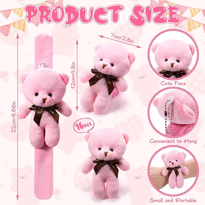 Ceenna 16 Pcs Valentine's Day Stuffed Bear Animal Slap Bracelets Plush Bear Slap Bracelets 8.66 Inch Pink Adorable Bear Slap Wrist Bracelet Bulk for Birthday Party Gifts Favors Goodie Bag Fillers