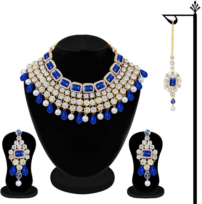 Aheli Kundan and Simulated Colored Stones Indian Ethnic Maang Tikka Necklace and Earrings Set Bollywood Festive Statement Jewelry Gift for Women