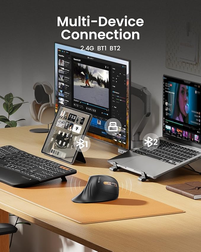 ProtoArc Ergonomic Mouse, EM11 NL Bluetooth Rechargeable Wireless Vertical Mouse, 3 Multi-Device Connectivity for Computer/PC/Laptop, 2.4GHz Optical Mice for Windows, Mac OS, Black Gold