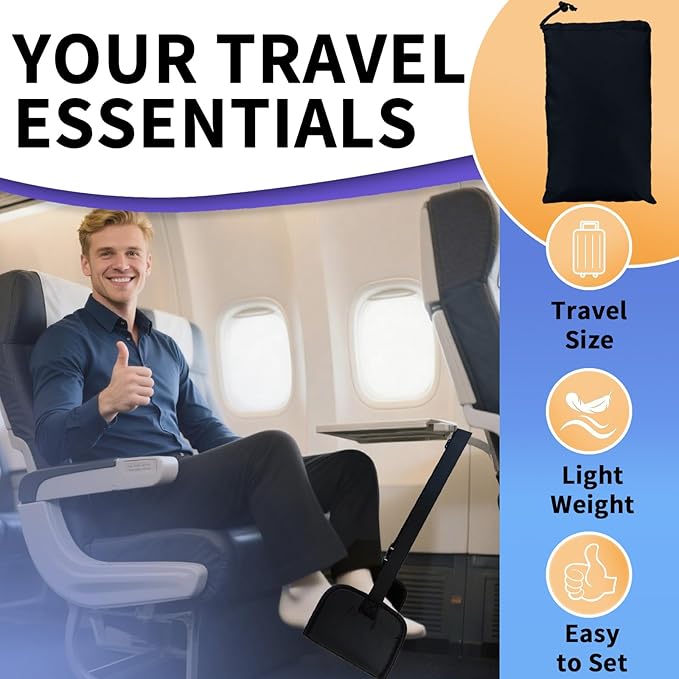 2-Piece Upgraded Airplane Footrest Hammock - Large Memory Foam Support & Adjustable Straps, Travel Essential