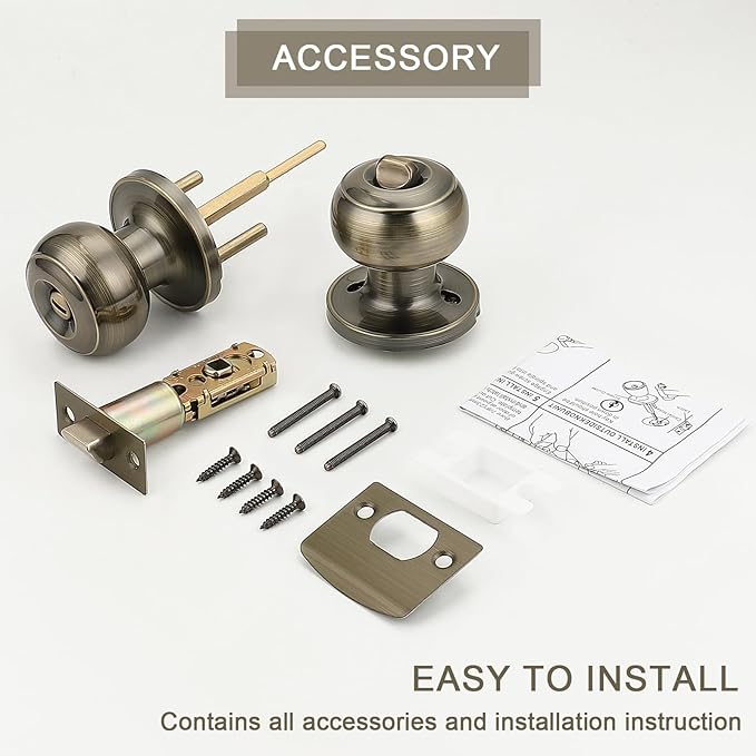 Probrico 1 Pack Privacy Door Knobs Lock Interior Bedroom Bathroom Doorknobs Antique Brass Round Ball Keyless Lockset