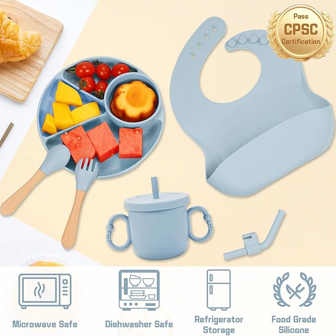 Silicone Baby Feeding Set, Baby Led Weaning Supplies, Silicone Suction Plate, Bowl, Spoons, Fork, Waterproof Bib, Cup and Food Tableware, Eating Utensils Baby Feeding Essentials for 3+ Months